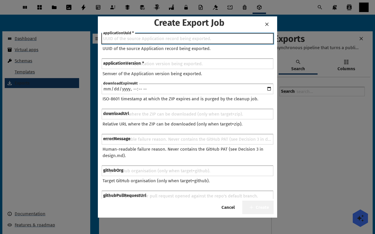 The export application dialog