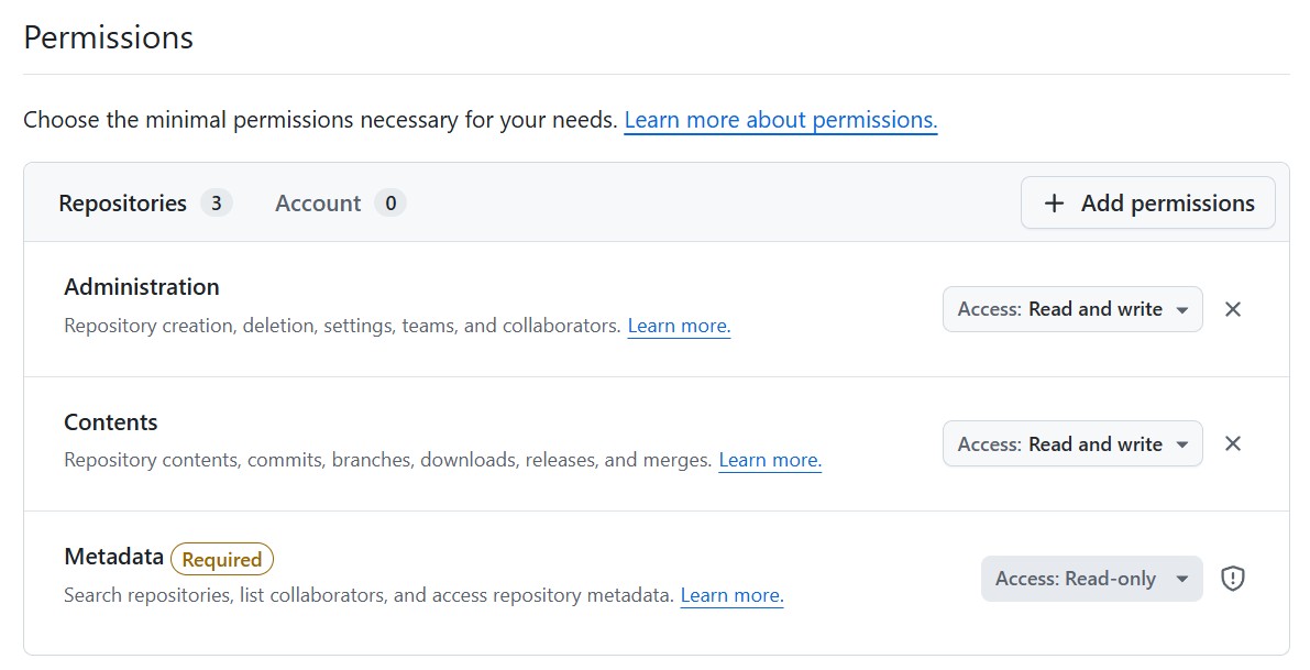 GitHub fine-grained token permissions, Administration and Contents at read and write, Metadata at read-only