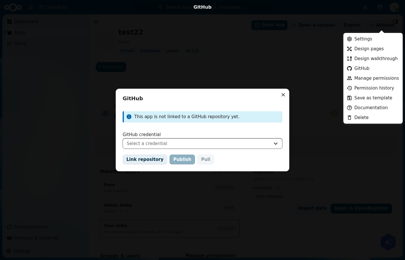 The GitHub panel with its credential picker, Link repository, Publish and Pull