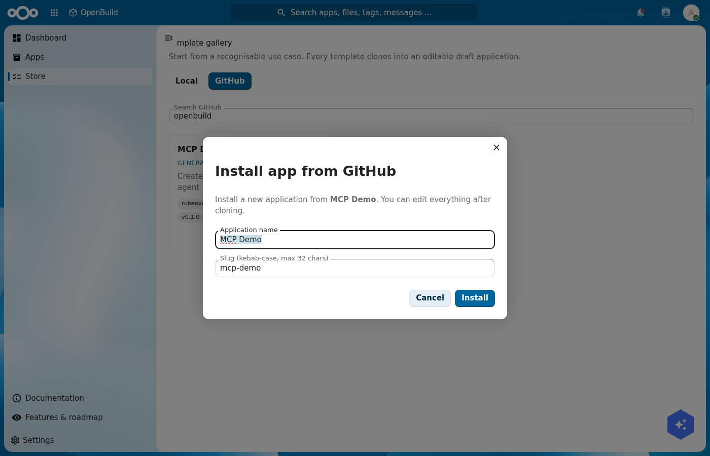 The install app from GitHub dialog with its name and slug fields